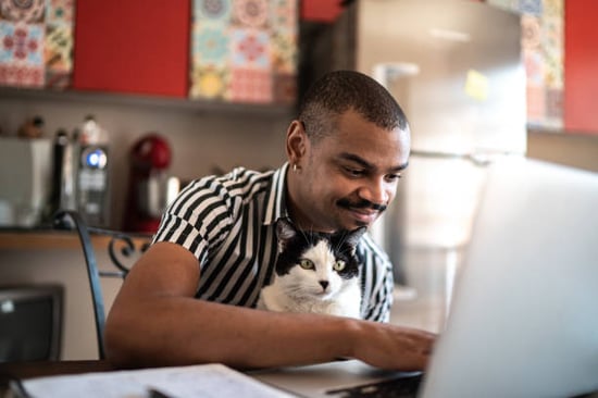 pet lover at home with cat checking pet profile with cat