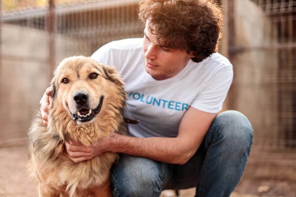 A man wearing a volunteer shirt sits next to a dog