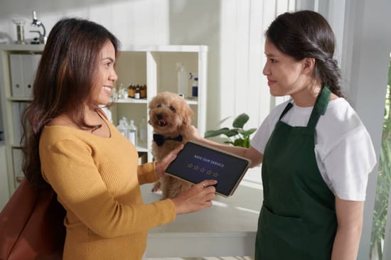 pet parent leaving review after dog grooming service