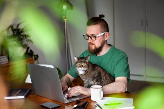 A man types on a laptop as a cat sits with him