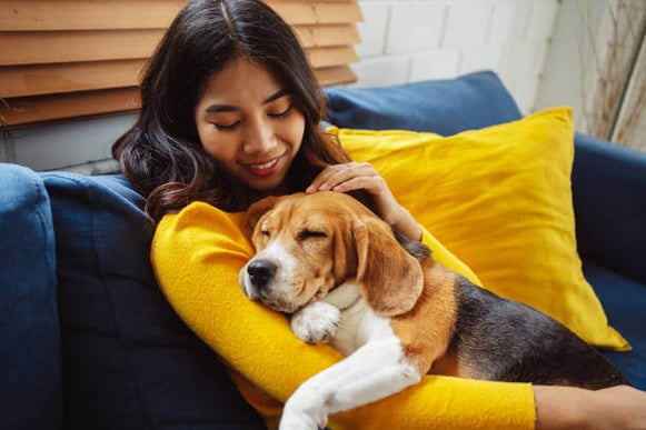 A woman sits holding her dog as it sleeps