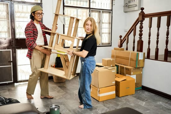 two people bringing a cat tree into a facility 