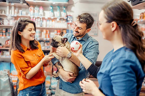 pet-care staff playing with pup and making a seasonal employee feel included