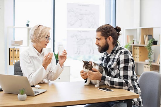 pet-care provider recommending supplements to cat dad