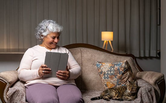 client on iPad with cat after hours