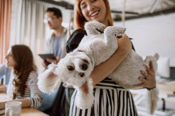 A woman smiles standing while holding a dog